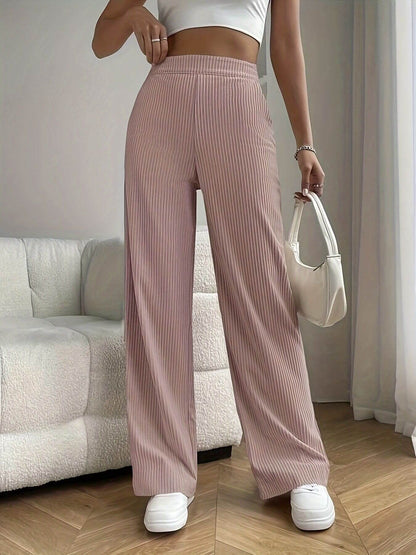 Women’s Wide Leg Trousers – High Waist – Ribbed Texture – Lightweight Breathable Fit