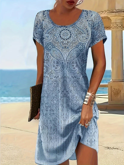 Women’s Midi Dress – Relaxed Fit – Scoop Neck – Short Sleeve – Paisley Pattern – Breathable Blend