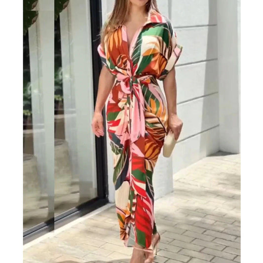 Women's Wrap Dress - Floral Print - V-Neck - Short Sleeve - Tie Waist Maxi