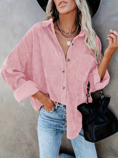 Women’s Shirt – Oversized Fit – Soft Ribbed Texture – Long Sleeve Button-Up Casual