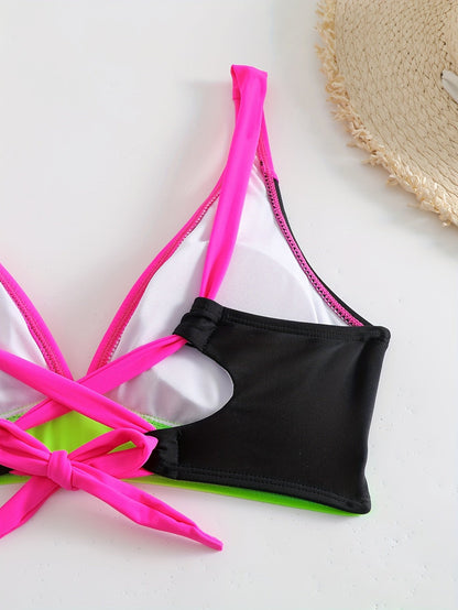 Women’s Bikini Set – V-Neck Top – High-Waisted – Ruched Straps – Supportive Fit