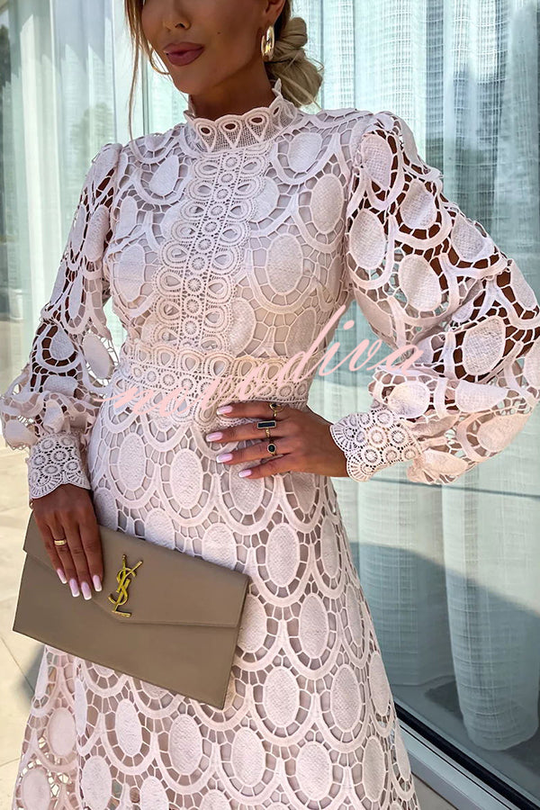 Women's Lace Midi Dress - High Neck - Long Puff Sleeve - Elegant Formal Wear