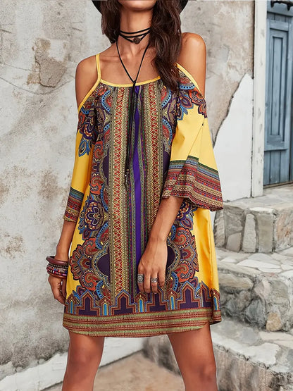 Women's Bohemian Off-Shoulder Dress - Flowy Lightweight Fabric - Casual Loose Fit