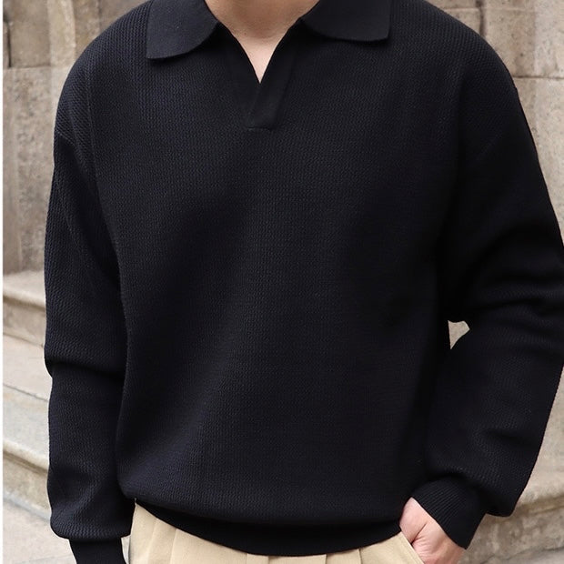 Men’s Knit Pullover Top – Relaxed Fit – Long Sleeve – Buttonless Polo Collar