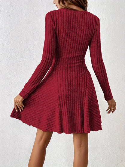 Women's Ribbed V-Neck Dress - Long Sleeve - Fitted Bodice - A-Line Knee Length