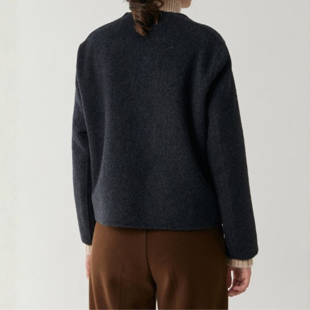 Isabella Relaxed Fit Jacket | Collarless Asymmetrical Button Jacket