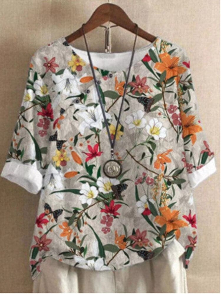 Women’s Blouse – Relaxed Fit – Floral Print – Mid Sleeve – Round Neck – Cotton Feel