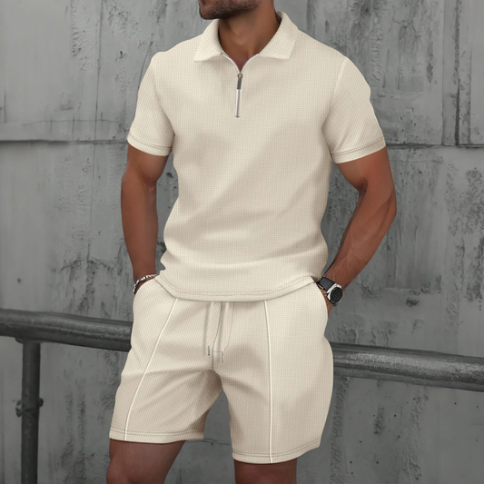 Men’s Co-ord Set – Tailored Slim Fit – Soft Knit – Zip Polo – Mid-Thigh Shorts
