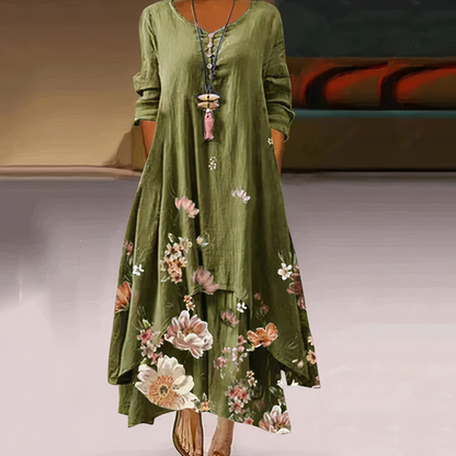 Women's Maxi Dress - Long Sleeve - Flowing Fit - Round Neck - Button Front - Floral Print
