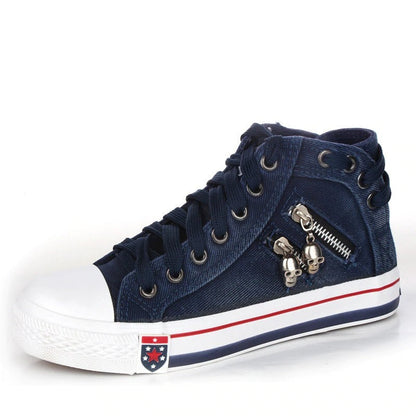Women’s High-Top Sneakers – Denim Texture – Lace-Up – Side Zip – Casual Everyday Wear