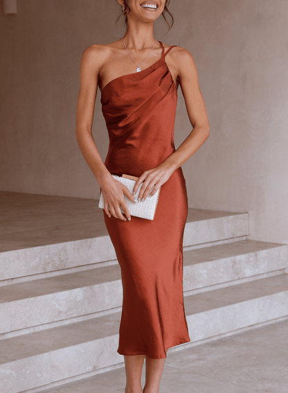 Women's Midi Slip Dress - Satin Fabric - One-Shoulder Elegant Formal Wear