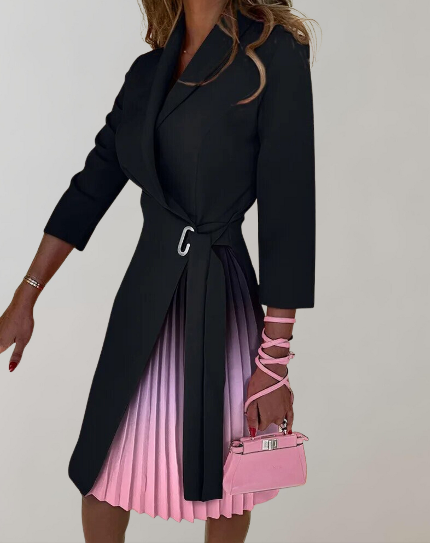 Women’s Midi Dress – Tailored Fit – Pleated Skirt – Notched Neck – Belted Waist
