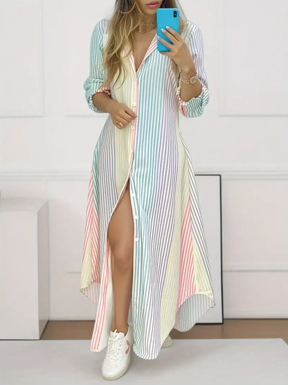 Women's Maxi Shirt Dress - Button Down - Collared - Star & Moon Print - Long Sleeve