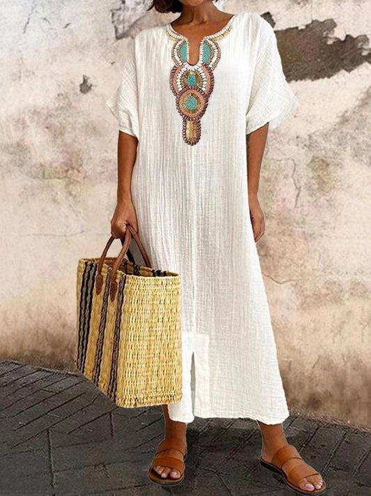 Women’s Kaftan Dress – Relaxed Fit – Embroidered Neckline – Breathable Blend – Full Length