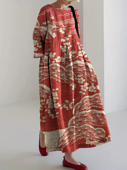 Women’s Maxi Dress – Relaxed Fit – Long Sleeve – Cotton Blend – Artistic Print