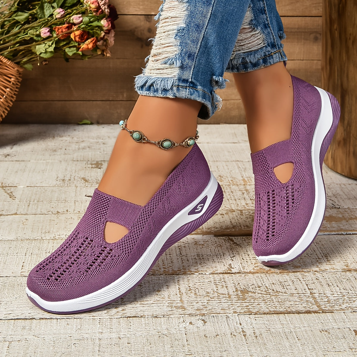 Women’s Slip-On Sneakers – Breathable Knit – Cushioned Sole – Low-Cut Flexible Fit