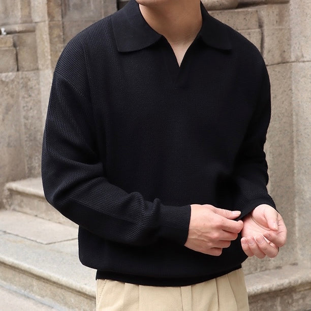 Men’s Knit Pullover Top – Relaxed Fit – Long Sleeve – Buttonless Polo Collar