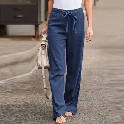 Women’s Wide Leg Pants – Cotton Linen Blend – High Waist – Pleated – With Pockets