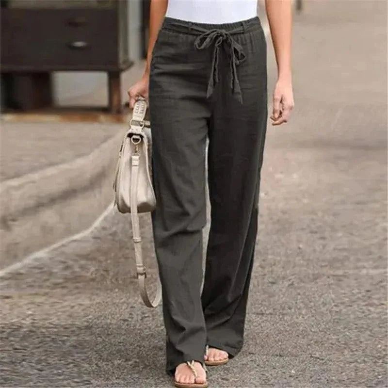 Women’s Wide Leg Pants – Cotton Linen Blend – High Waist – Pleated – With Pockets