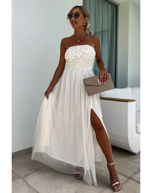 Women’s Maxi Dress – Strapless Textured Bodice – High Slit – Flowy Luxury Fabric
