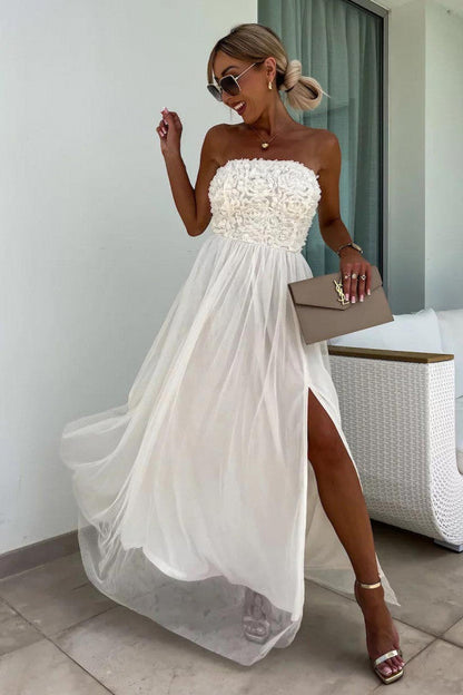 Women’s Maxi Dress – Strapless Textured Bodice – High Slit – Flowy Luxury Fabric