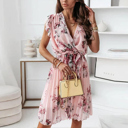 Women's Wrap Dress - V-Neck - Short Ruffle Sleeves - Floral Print - Lightweight Flowy