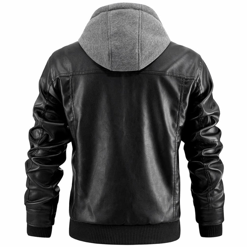 Men’s Motorcycle Jacket – Leather Look – Structured Fit – Hoodie Layer – Zipper Pockets