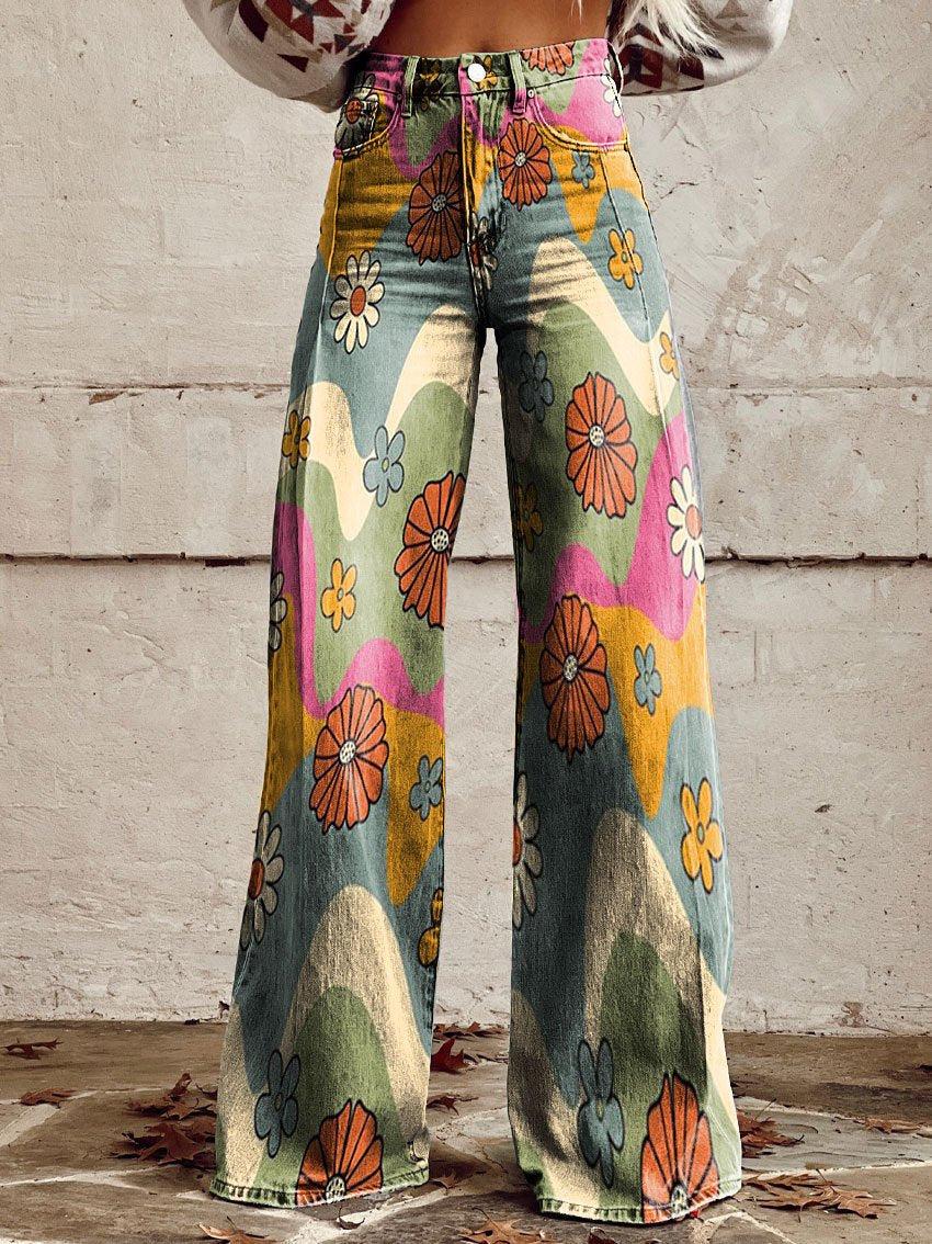 Women’s Wide-Leg Pants – Denim Feel – High Waist – Floral Print – Relaxed Fit
