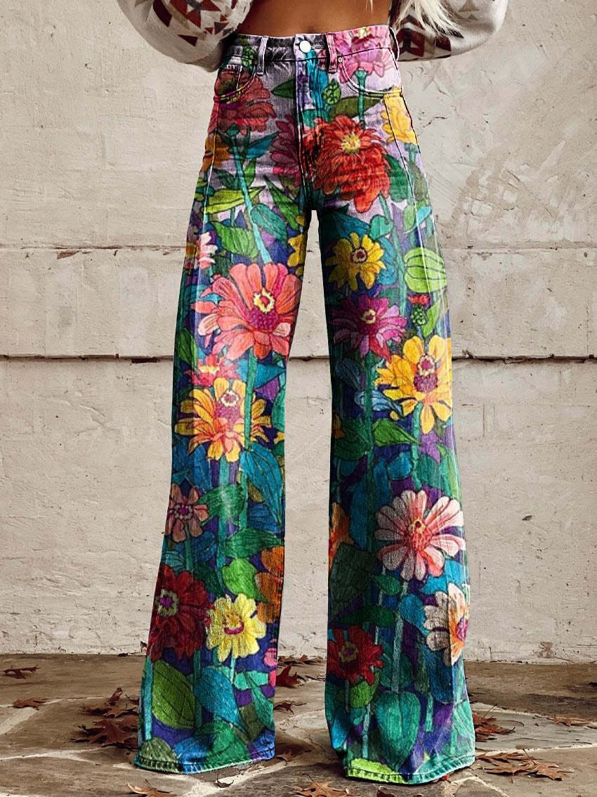Women’s Wide-Leg Pants – Denim Feel – High Waist – Floral Print – Relaxed Fit