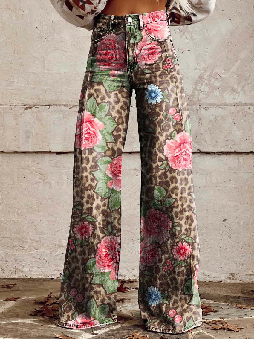 Women’s Wide-Leg Pants – Denim Feel – High Waist – Floral Print – Relaxed Fit