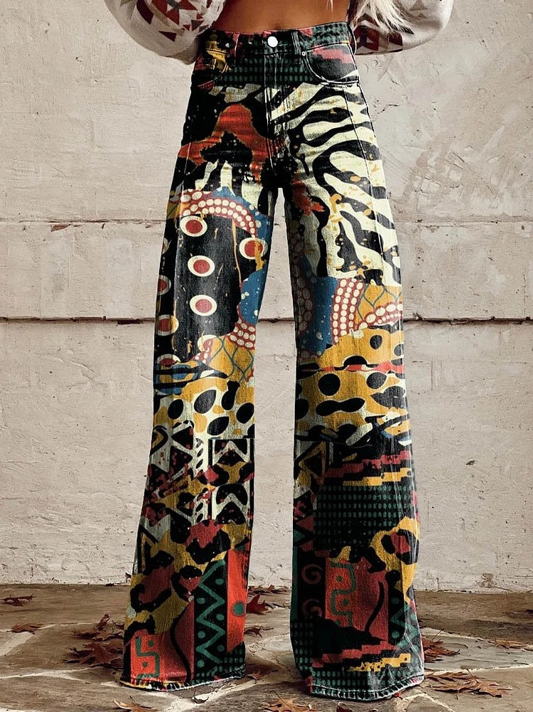 Women’s Wide-Leg Pants – Denim Feel – High Waist – Floral Print – Relaxed Fit