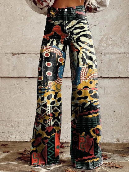 Women’s Wide-Leg Pants – Denim Feel – High Waist – Floral Print – Relaxed Fit