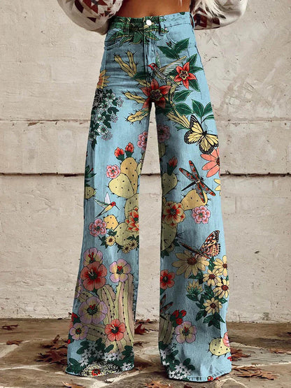 Women’s Jeans – High Waist – Wide Leg – Printed Design – Full Length – Casual Denim