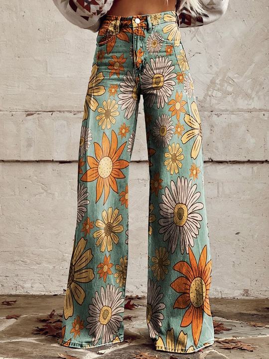 Women’s Wide-Leg Pants – Denim Feel – High Waist – Floral Print – Relaxed Fit