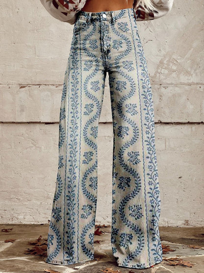 Women’s Wide-Leg Pants – Denim Feel – High Waist – Floral Print – Relaxed Fit