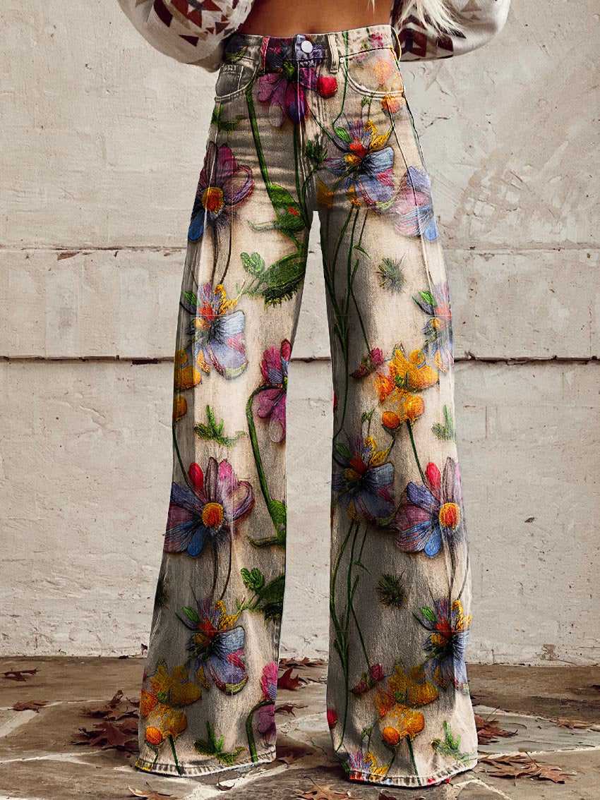 Women’s Wide-Leg Pants – Denim Feel – High Waist – Floral Print – Relaxed Fit