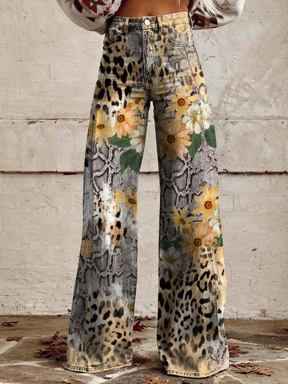 Women’s Wide-Leg Pants – Denim Feel – High Waist – Floral Print – Relaxed Fit