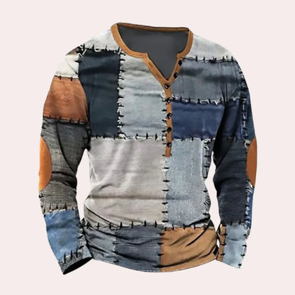 Men's Long Sleeve Shirt – Relaxed Fit – Soft Knit – Henley Neck – Patchwork Pattern