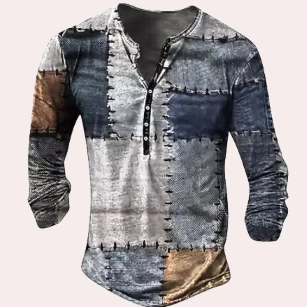 Men's Long Sleeve Shirt – Relaxed Fit – Soft Knit – Henley Neck – Patchwork Pattern