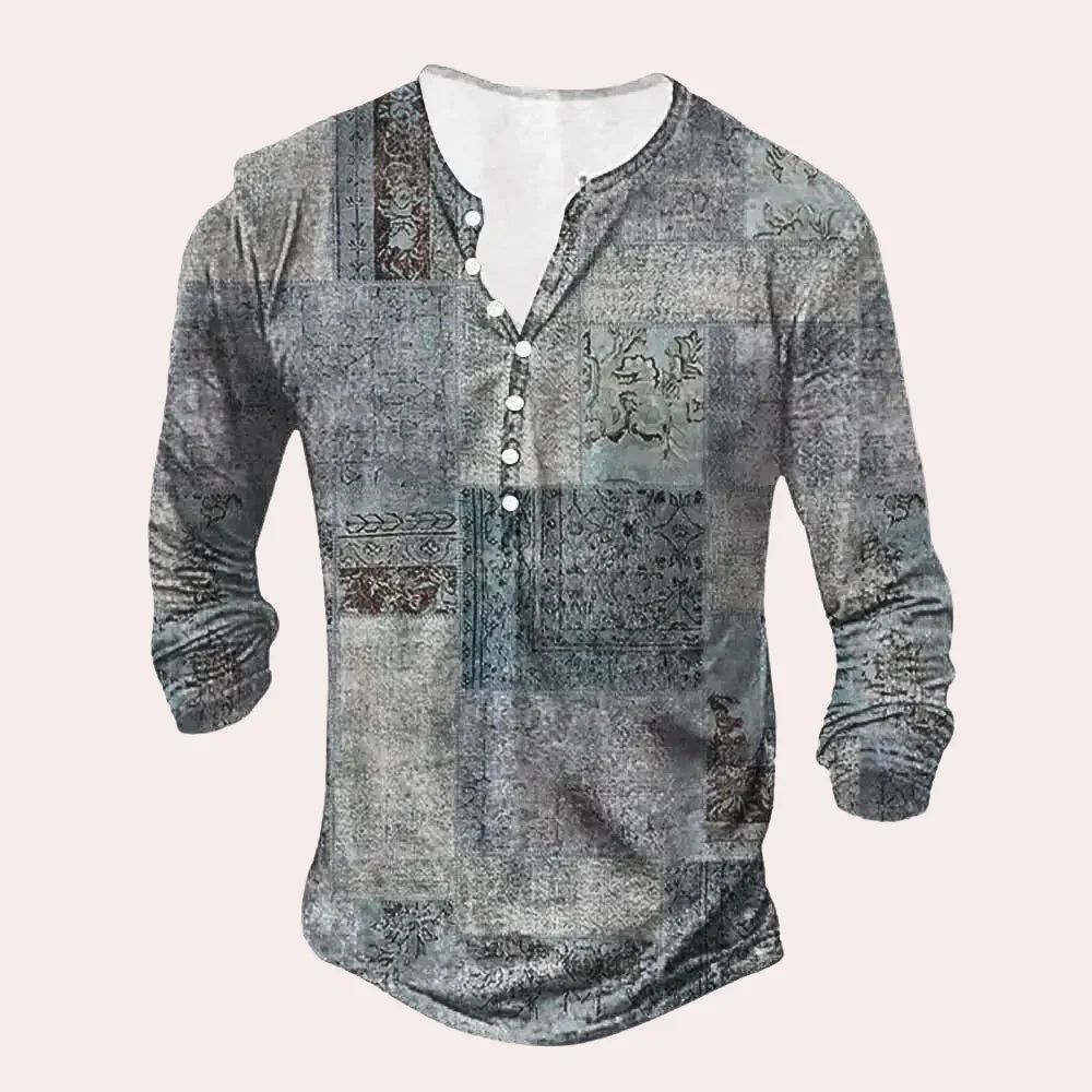 Men's Long Sleeve Shirt – Relaxed Fit – Soft Knit – Henley Neck – Patchwork Pattern