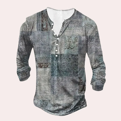 Men's Long Sleeve Shirt – Relaxed Fit – Soft Knit – Henley Neck – Patchwork Pattern