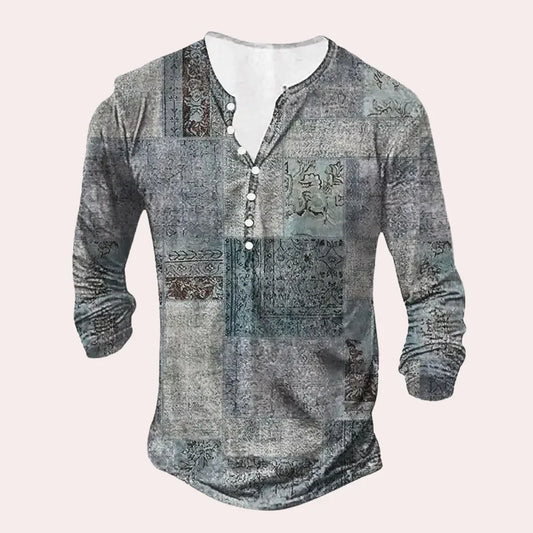 Men's Long Sleeve Shirt – Relaxed Fit – Soft Knit – Henley Neck – Patchwork Pattern