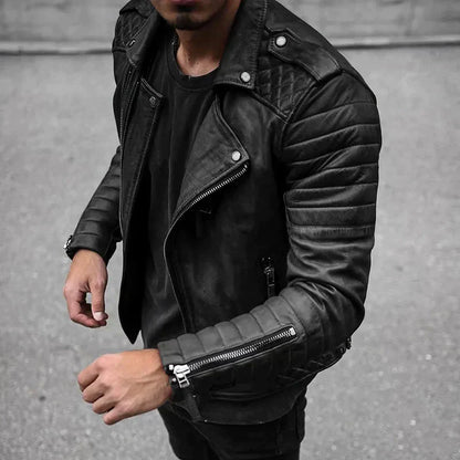 Men’s Biker Jacket – Leather Look – Structured Fit – Quilted Shoulders – Zip Details