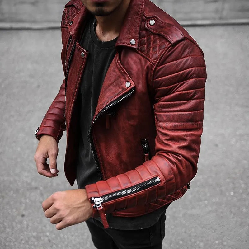 Men’s Biker Jacket – Leather Look – Structured Fit – Quilted Shoulders – Zip Details