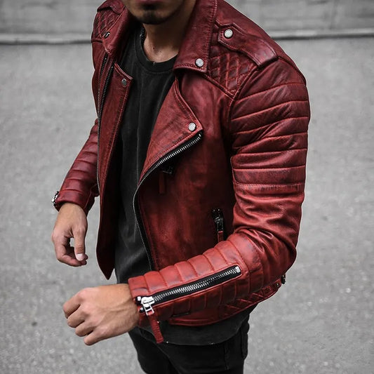 Men’s Biker Jacket – Leather Look – Structured Fit – Quilted Shoulders – Zip Details