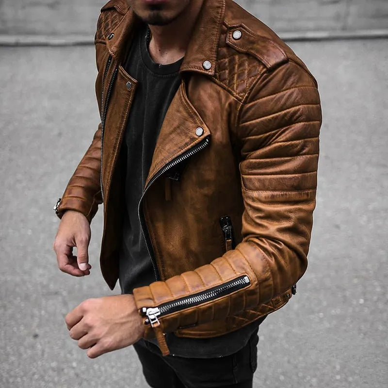 Men’s Biker Jacket – Leather Look – Structured Fit – Quilted Shoulders – Zip Details