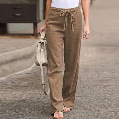 Women’s Wide Leg Pants – Cotton Linen Blend – High Waist – Pleated – With Pockets