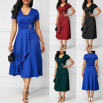 Women's Midi Dress - Wrap V-Neck - Short Sleeve A-Line - Belted Waist Elegant Fit