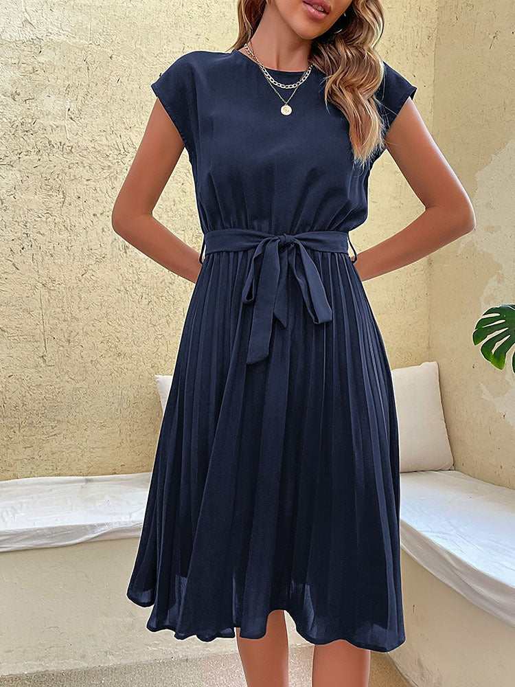 Women's Midi Dress - Pleated Skirt - Tie Waist - Short Sleeves - Round Neck Elegant Fit