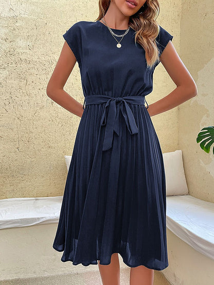 Women's Midi Dress - Pleated Skirt - Tie Waist - Short Sleeves - Round Neck Elegant Fit